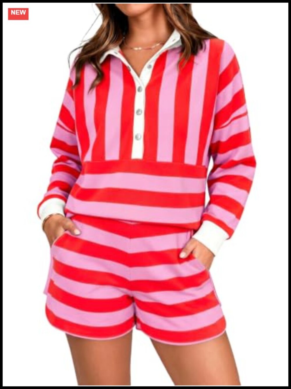 Women's 2 Piece Striped Rugby Top & Shorts Lounge Set Long Sleeve